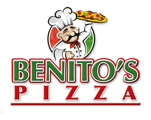 Benito's Pizza logo: a smiling chef holding up a pizza